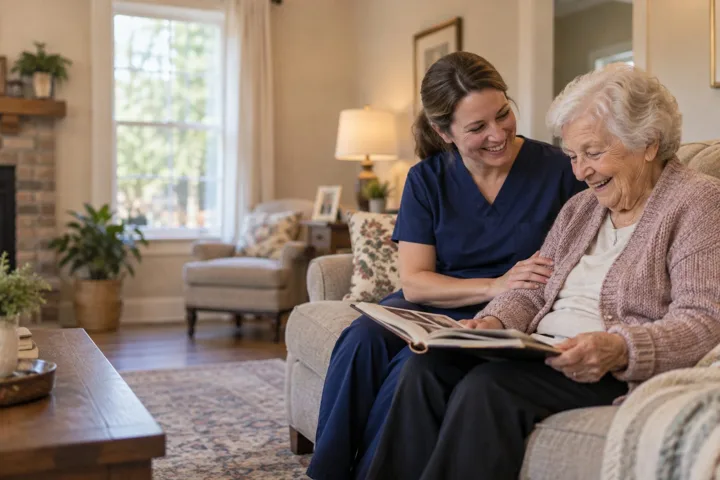 Cedar Grove caregiver looking through a photo album with a senior at home
